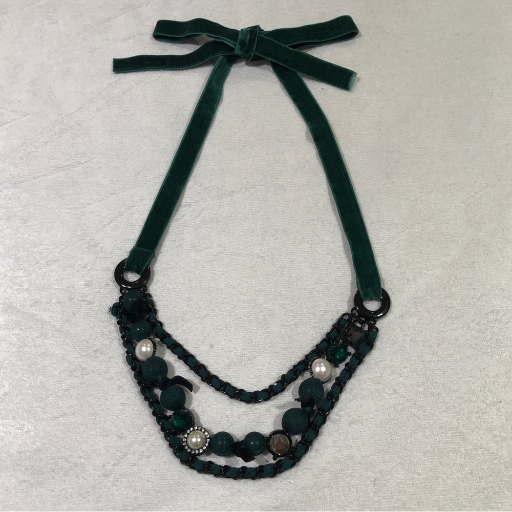Zara green velvet triple strand necklace with faux pearl and lined beads